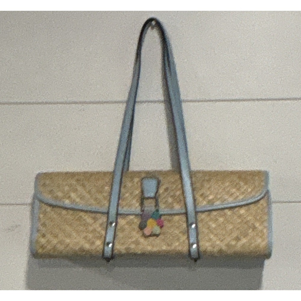 Bracciano Woven Wicker Shoulder Bag Beige/Blue Magnetic Closure Double Handles